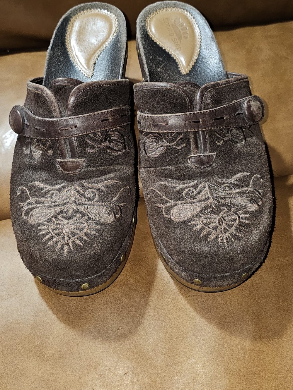 Spring Step Brown Suede Embroidered Wood Clog Heel Mules US 9.5-10 / EU 40